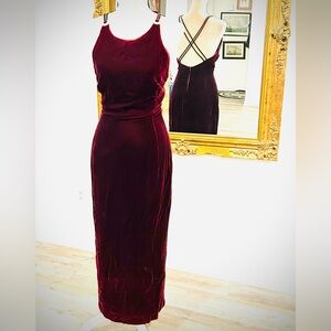 Vtg 90's dark red burgundy velvet evening gown w/ crescent moon jewel accents